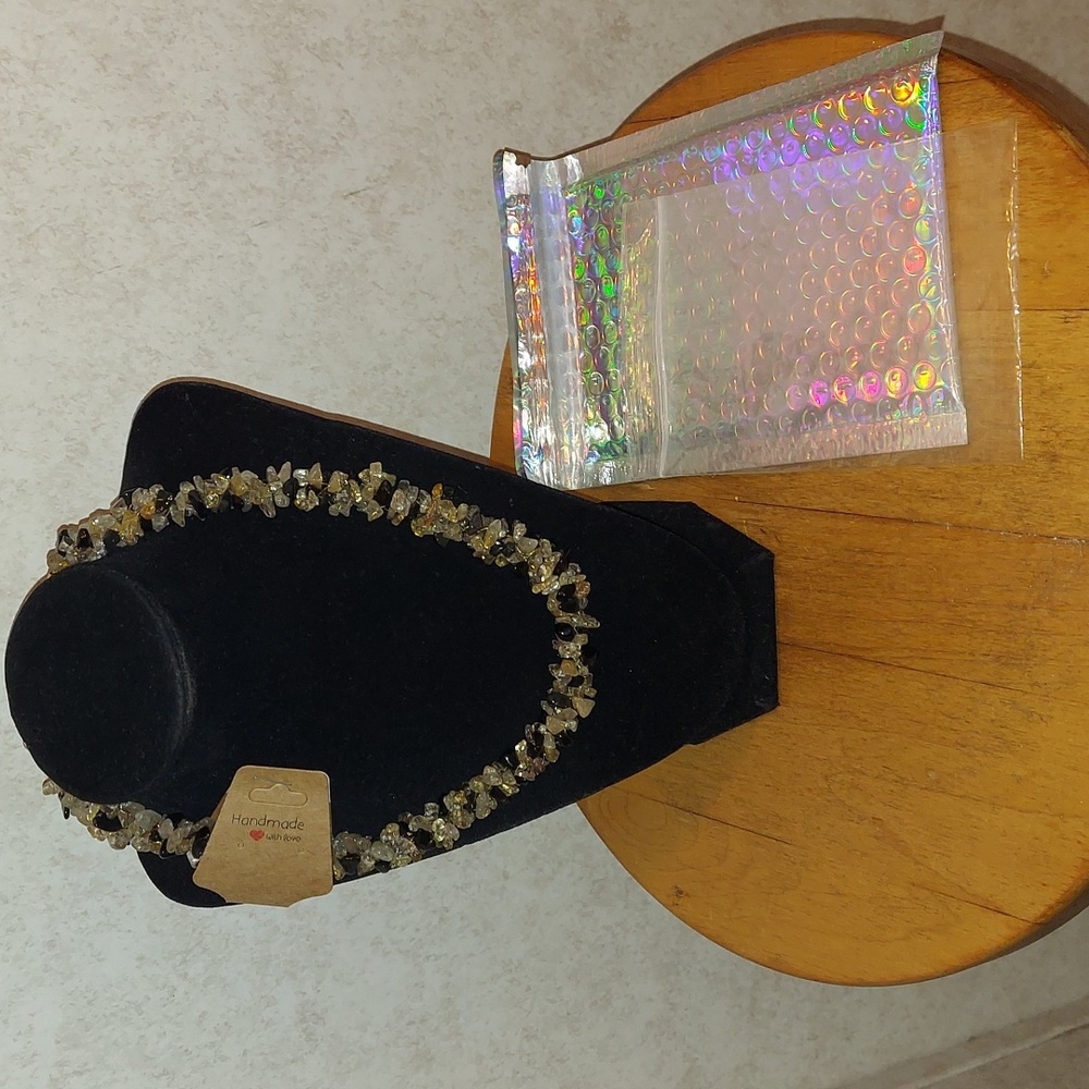 Citrine And Obsidian Chips Gemstone Kumihimo Choker Style Necklace.